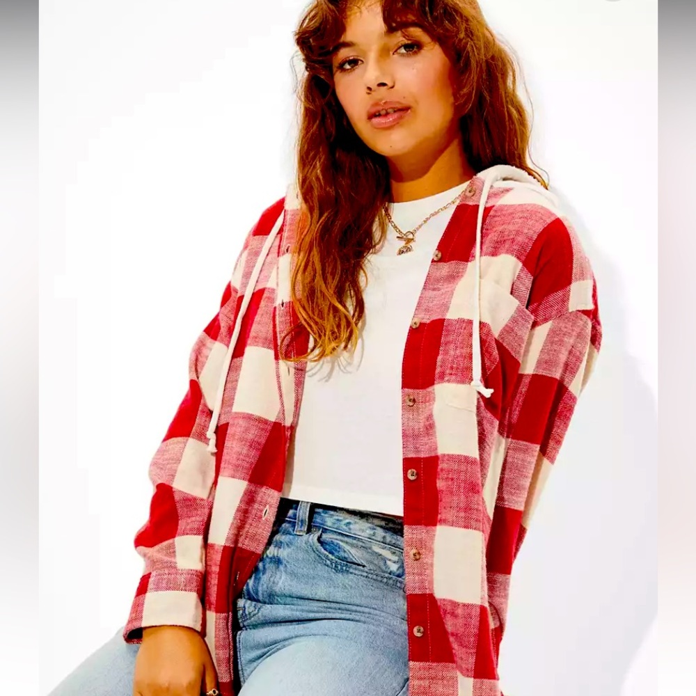 AE Plaid Flannel Hooded Button-Up Shirt